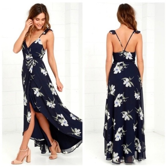 Lulus All Mine Navy Blue Floral Print High-Low Wrap Dress size M bridesmaid - Picture 2 of 13